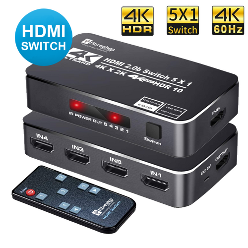 4K HDR HDMI Switch, 5 Ports 4K 60Hz HDMI 2.0 Switcher Selector with IR Remote, Supports Ultra HD Dolby Vision